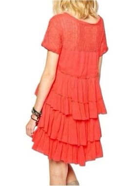 Free People sunbeam Coral Tiered Lace Mini Dress Embroidery raw hem mini Sz L